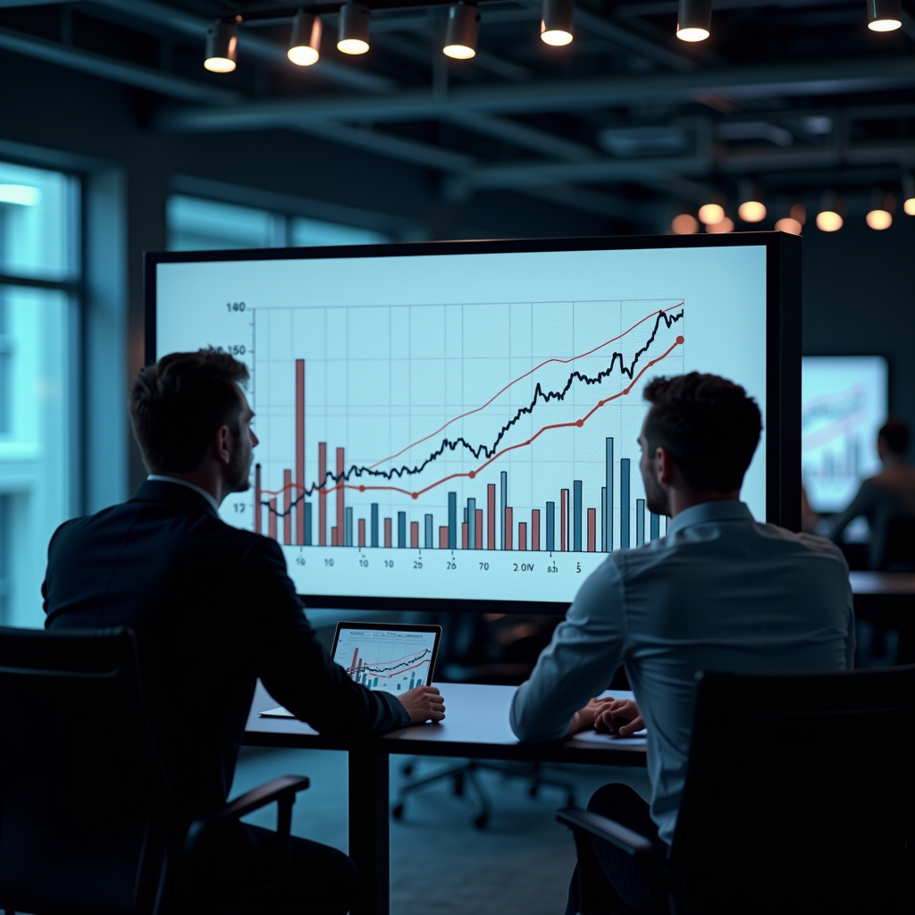 Professionelle Darstellung des deutschen Leasingmarktes mit Diagrammen und Statistiken, moderne Büroumgebung mit Finanzanalysten, die Marktdaten auf großen Bildschirmen betrachten, Fokus auf Wachstumskurven und Marktentwicklung