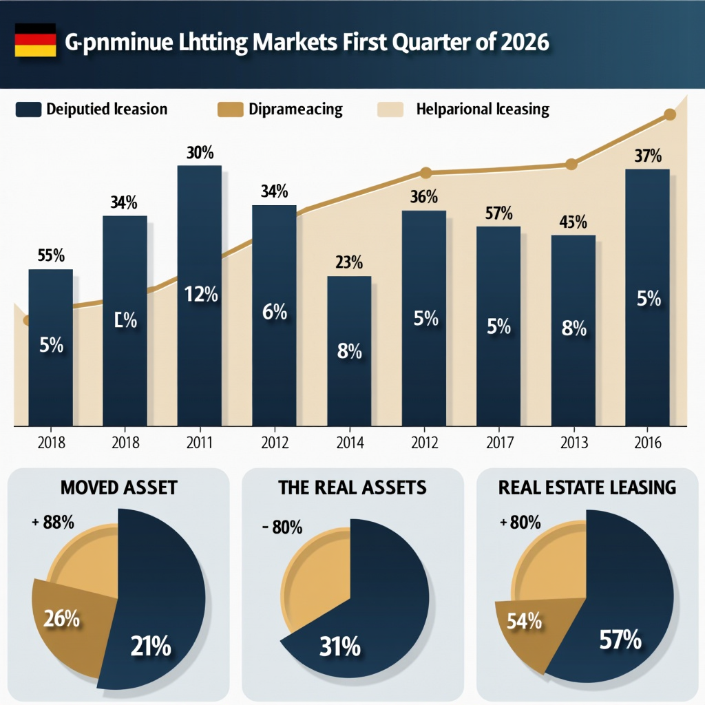 Detaillierte Infografik des deutschen Leasingmarktes im ersten Quartal 2026, zeigt Balkendiagramme und Kreisdiagramme mit Wachstumszahlen für Mobilien- und Immobilienleasing, professionelles Design in Navy-Blau und Gold, moderne Datenvisualisierung mit Prozentangaben und Volumenzahlen