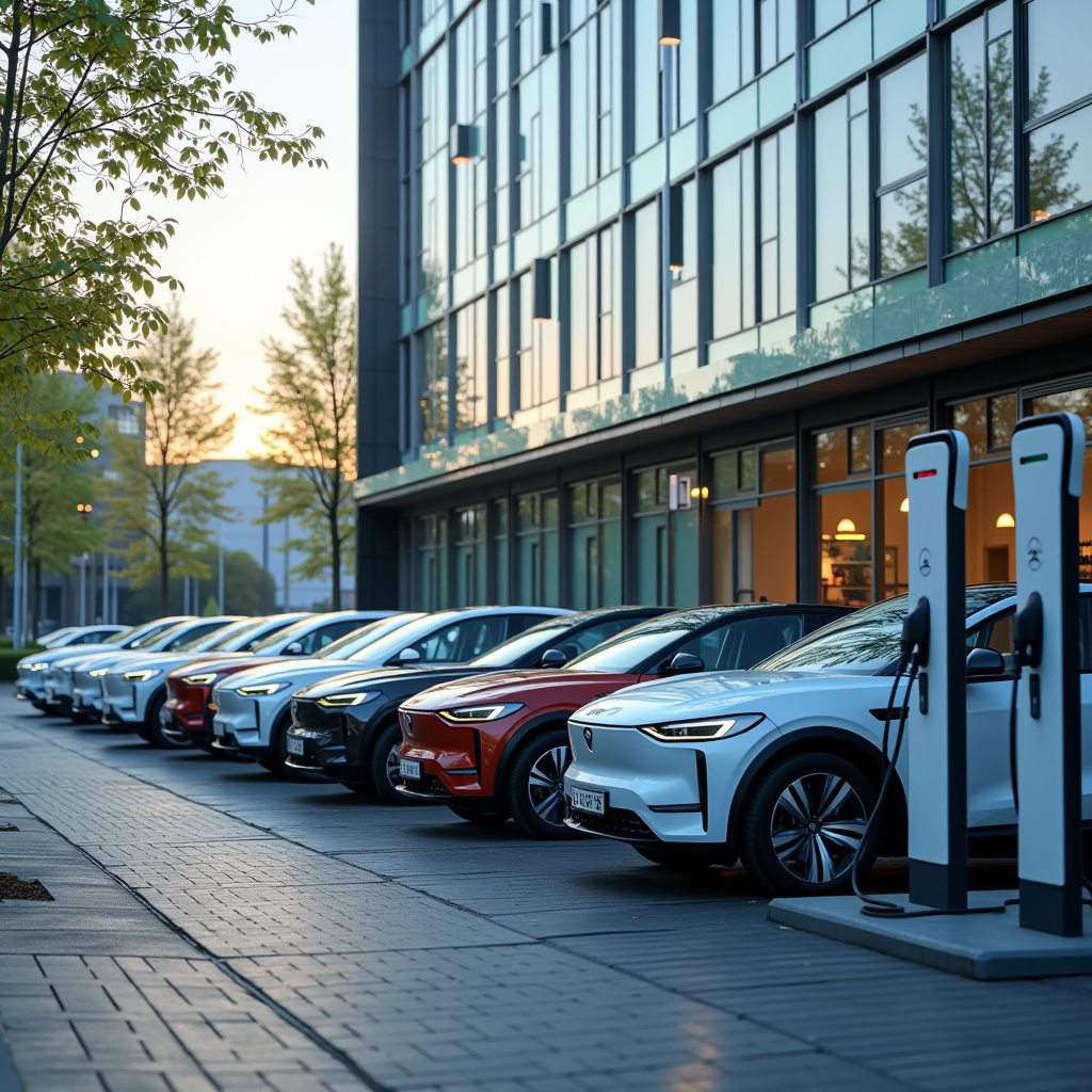 Moderne Elektrofahrzeuge an Ladestationen vor einem zeitgenössischen Bürogebäude in Deutschland, professionelle Geschäftsumgebung, mehrere E-Autos verschiedener Marken, Ladeinfrastruktur