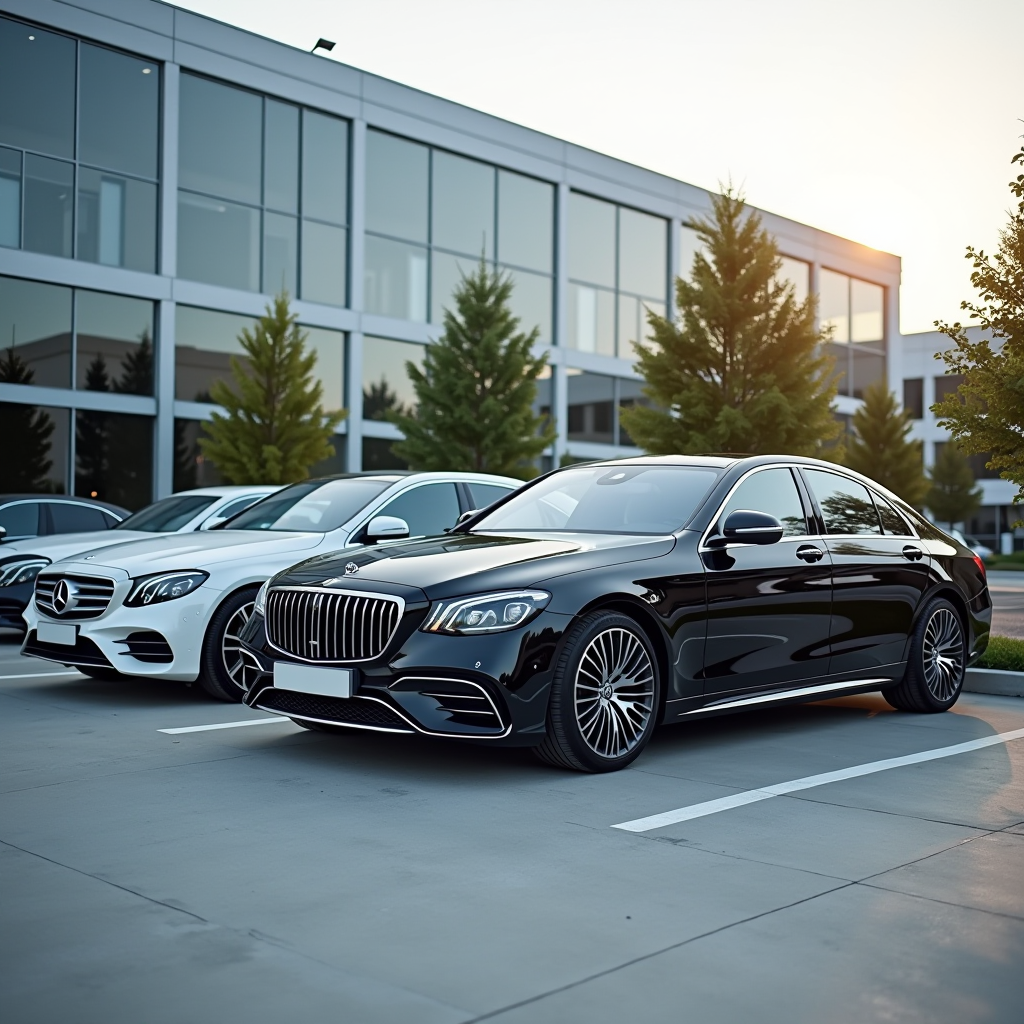 Moderne Geschäftsfahrzeuge auf einem Firmenparkplatz, professionelle Flottenfahrzeuge verschiedener Kategorien, Limousinen und Transporter in elegantem Design