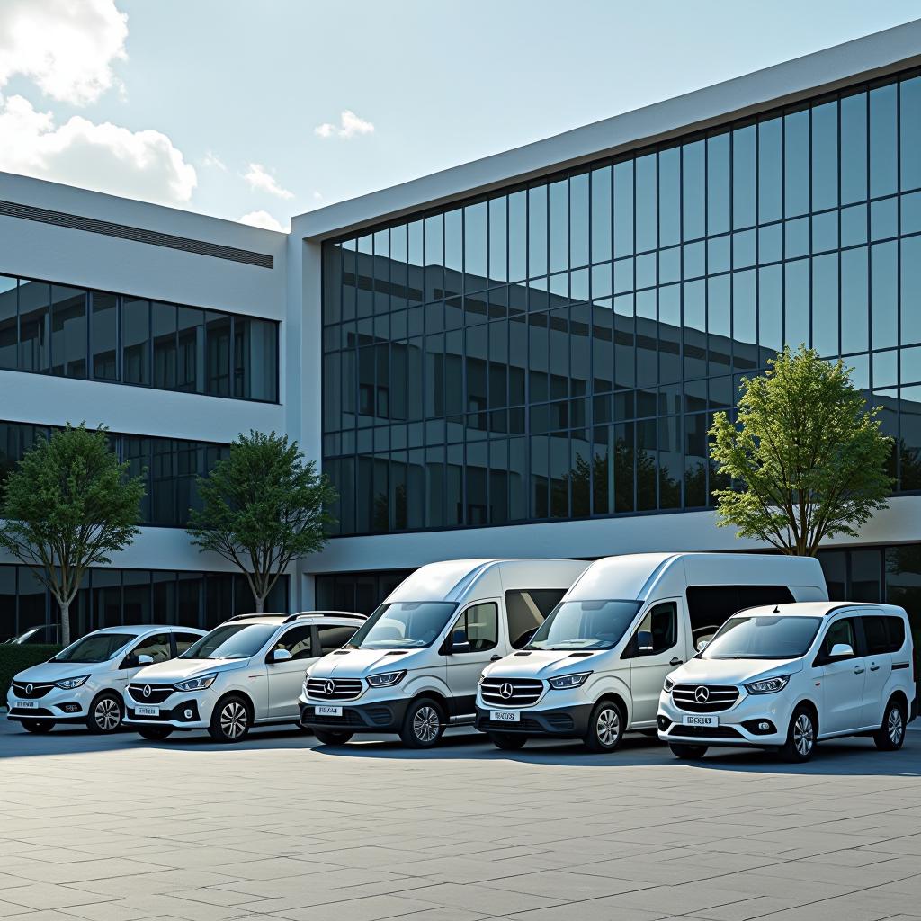 Moderne Geschäftsfahrzeuge verschiedener Klassen in professioneller Umgebung, geparkter Fuhrpark mit Limousinen, SUVs und Transportern vor modernem Bürogebäude