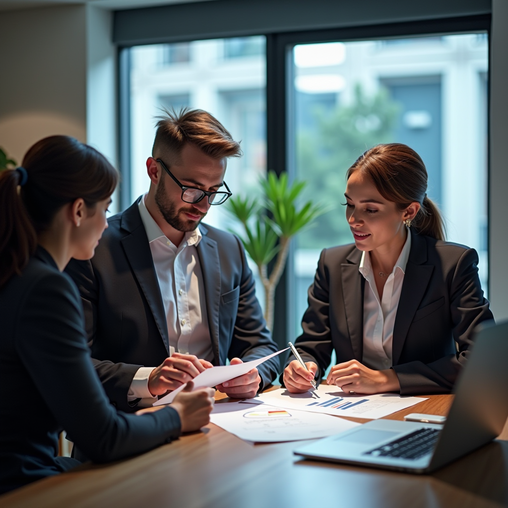 Professionelles Geschäftsteam analysiert Finanzdokumente und Diagramme in modernem Büroumfeld mit Laptops und Tablets, Fokus auf Liquiditätsmanagement und Forderungsankauf