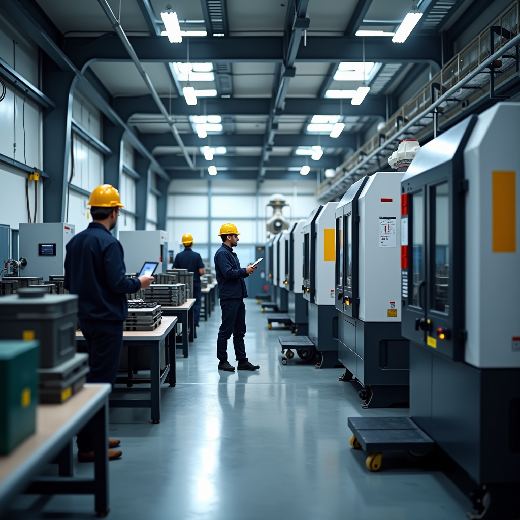 Moderne Produktionshalle mit hochmodernen CNC-Maschinen und automatisierten Fertigungsanlagen, helle Beleuchtung, saubere Industrieumgebung, Techniker in Arbeitskleidung überwachen die Produktion, im Vordergrund eine große computergesteuerte Fräsmaschine