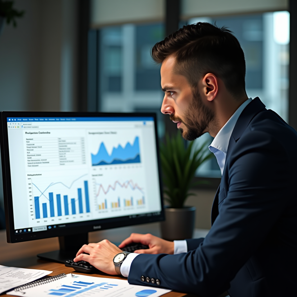 Professioneller Geschäftsmann analysiert Finanzberichte und Forderungen am Computer, moderne Büroumgebung mit Dokumenten und Diagrammen zur Liquiditätsoptimierung