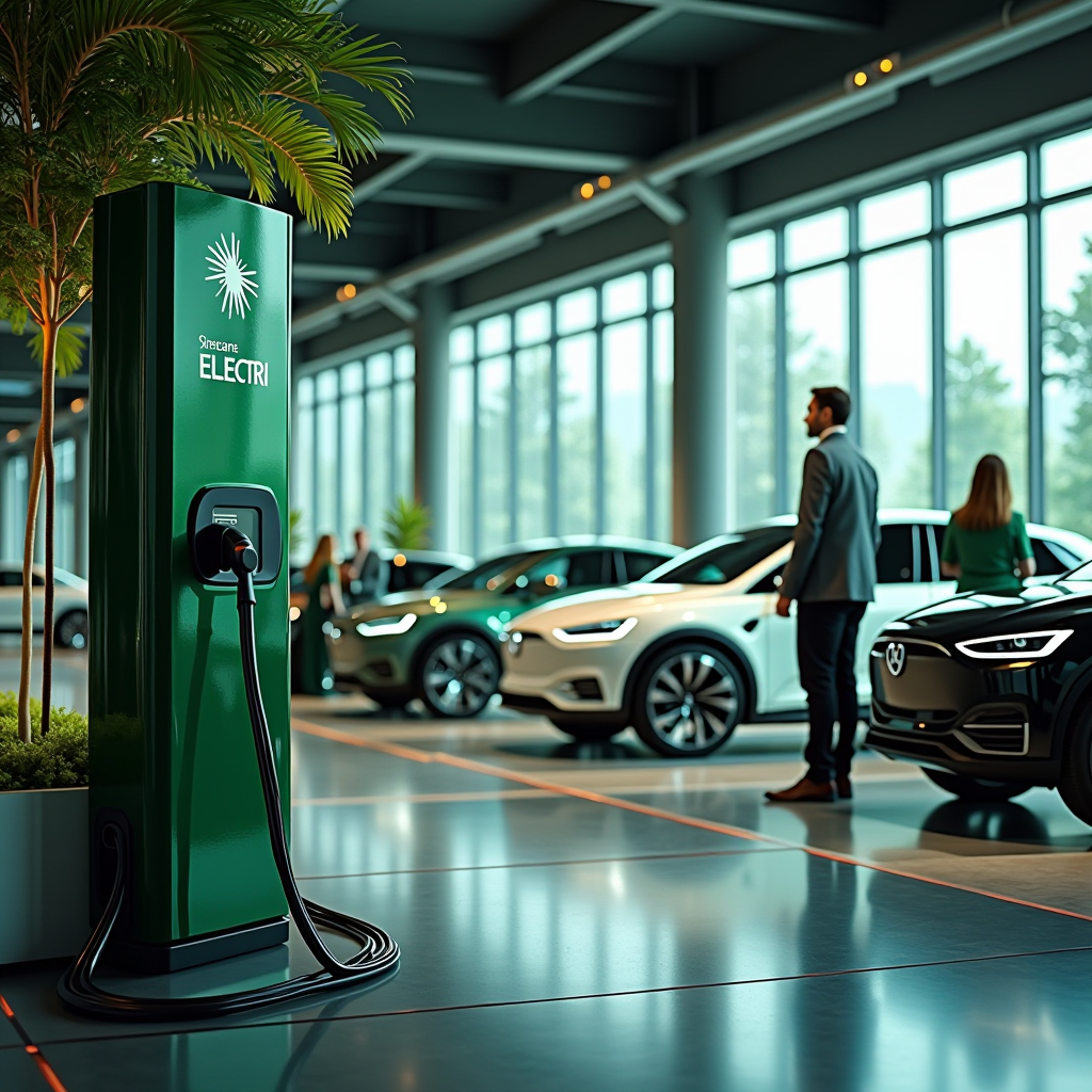 Moderne Elektrofahrzeuge in einer professionellen Ausstellungshalle, Ladestation im Vordergrund, Geschäftskunden betrachten emissionsfreie Fahrzeuge, futuristische und umweltfreundliche Atmosphäre mit grünen Akzenten