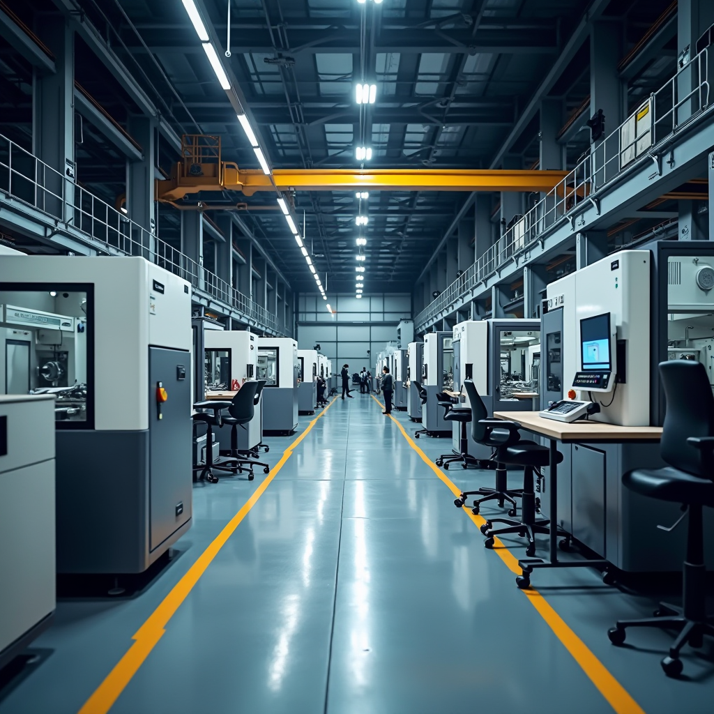 Moderne Produktionsmaschinen und Fertigungsanlagen in einer Industriehalle, hochwertige technische Ausrüstung und automatisierte Betriebsmittel für Unternehmen