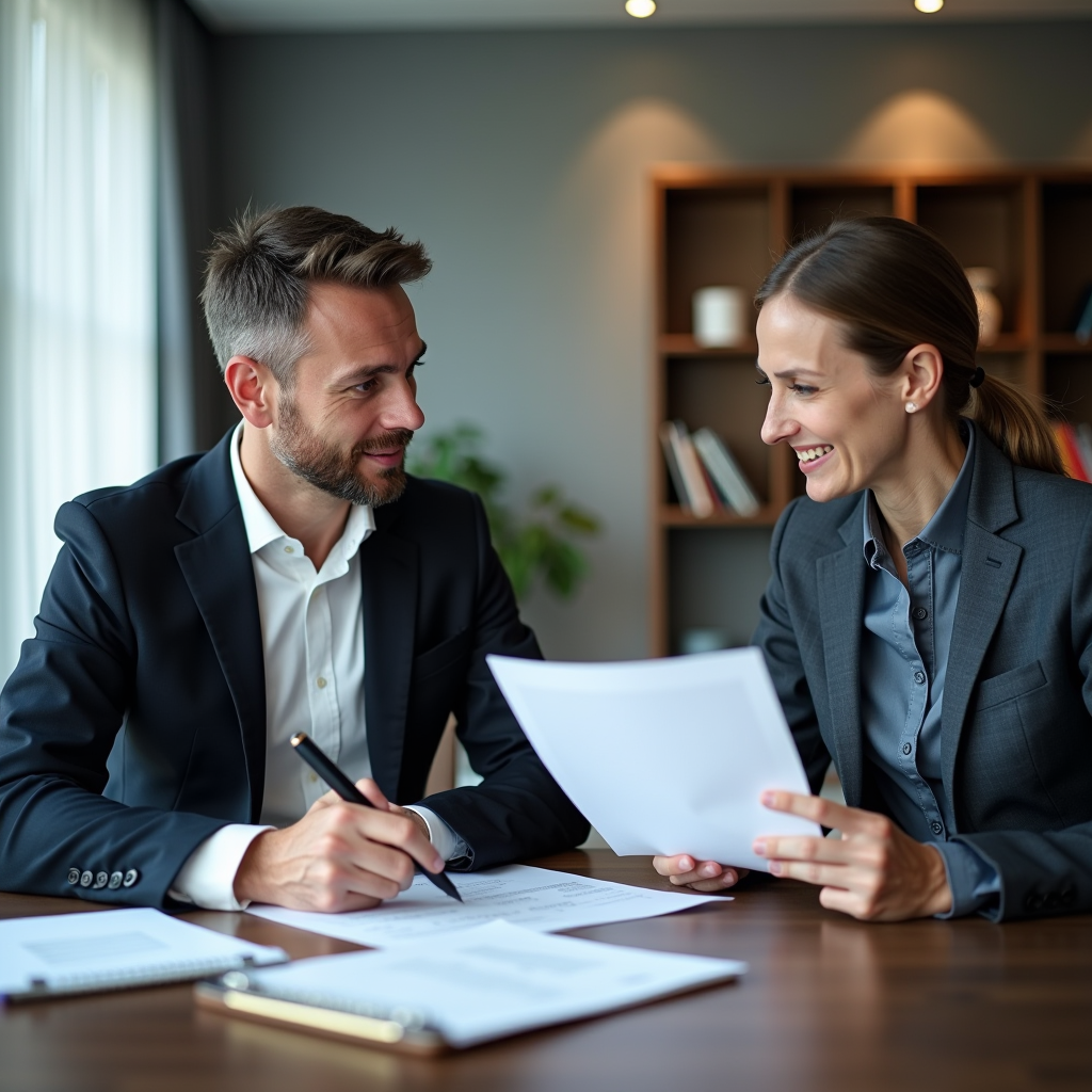 Geschäftsführer und Finanzberater besprechen Vertragsunterlagen in modernem Konferenzraum, professionelles Meeting zur Optimierung von Unternehmensressourcen und Liquidität